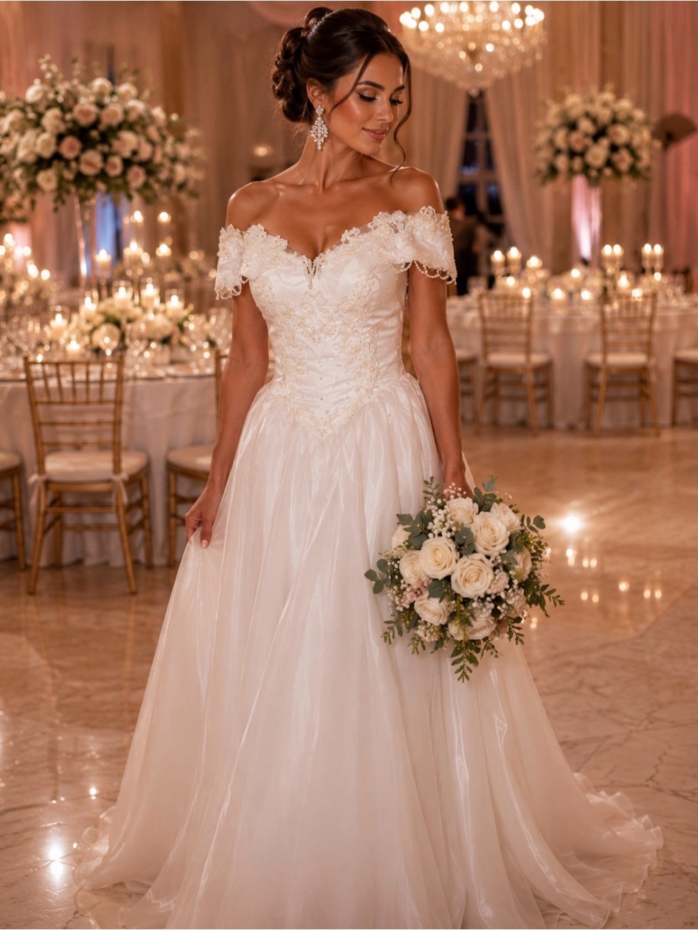 Kelvi White Off-Shoulder Lace Bodice Bridal Gown